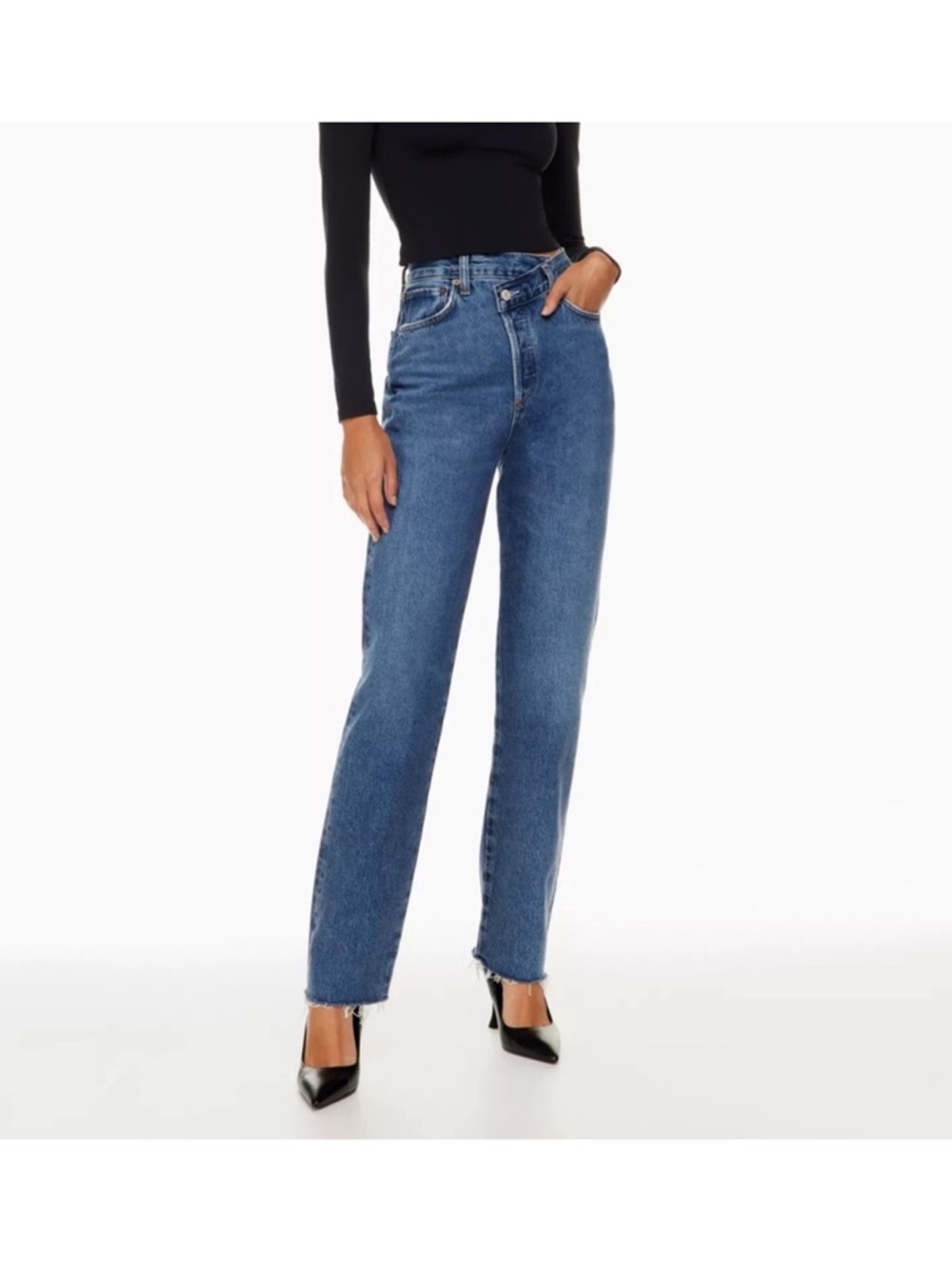 Agolde Criss Cross Straight Jeans Range Wash Size 24 High Rise Asymmetric Dark